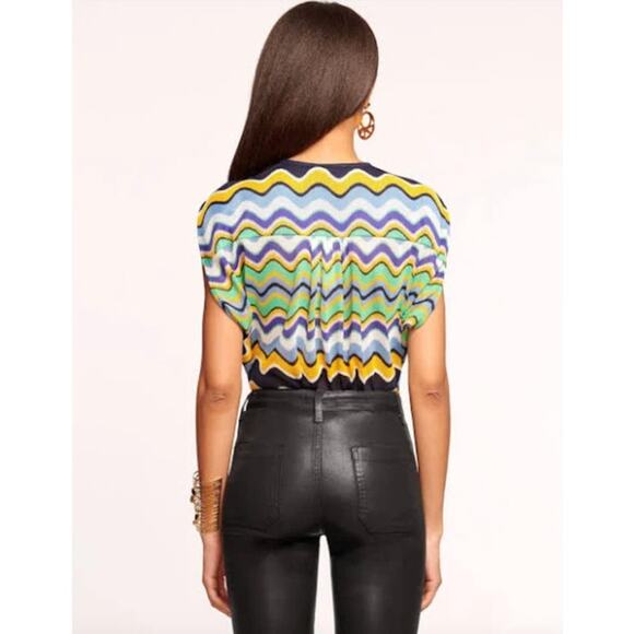 RAMY BROOK Top NEW Size XXS Myra Wave Blouse $325 Blue Yellow Green - Picture 2 of 8